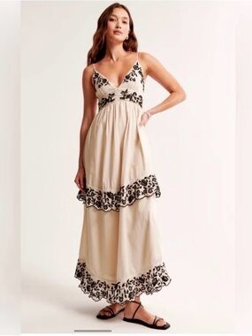 Abercrombie & Fitch Tiered Ruffle Cream Maxi Dress with Black Floral Embroidery